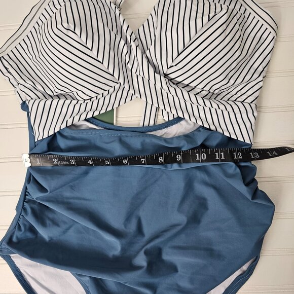 Women's Blue Striped Wrap Top Cut Out High Waist One Piece Swimsuit Size XL NWT - Picture 12 of 13